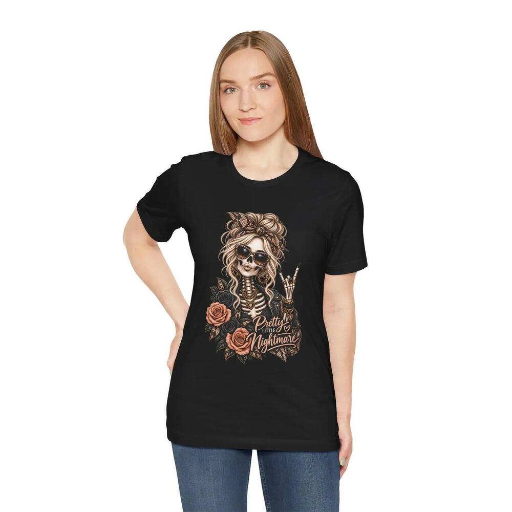 Pretty Little Nightmare Skeleton Girl Leopard Rock And Roll Halloween Shirt